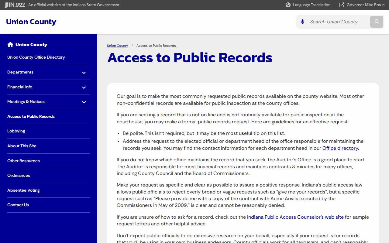 Union County Indiana access to public records page