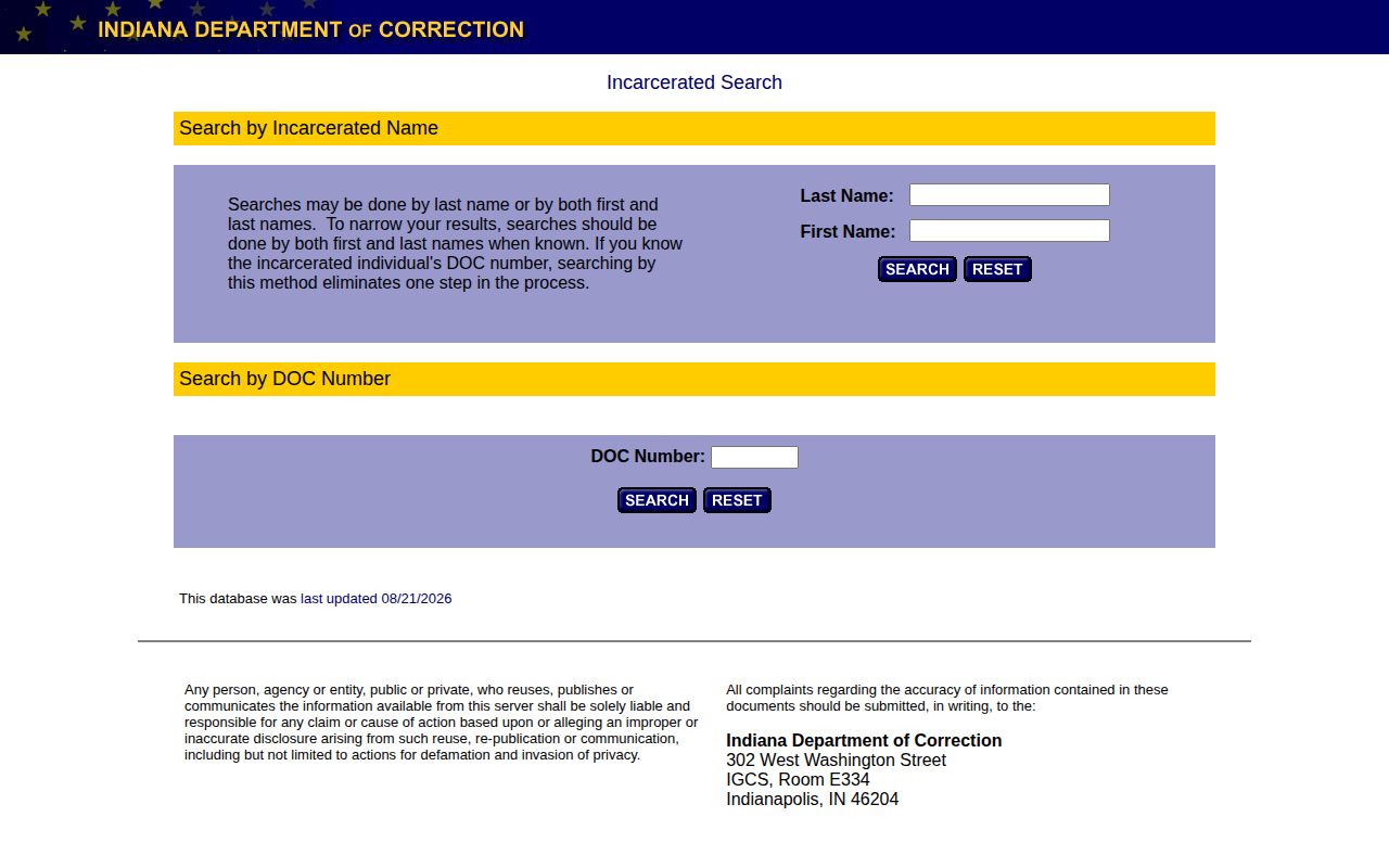 Indiana Department of Correction offender locator search interface