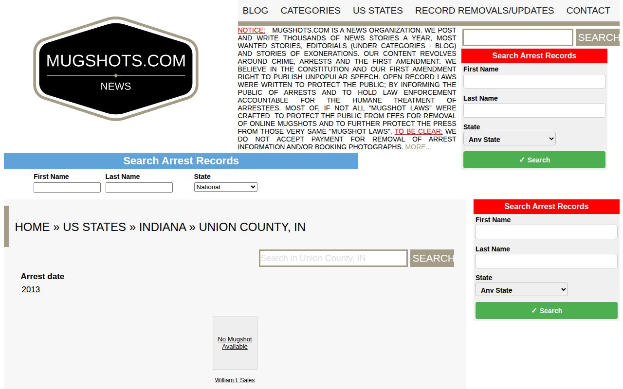 Unofficial Mugshots.com Union County Indiana legacy page